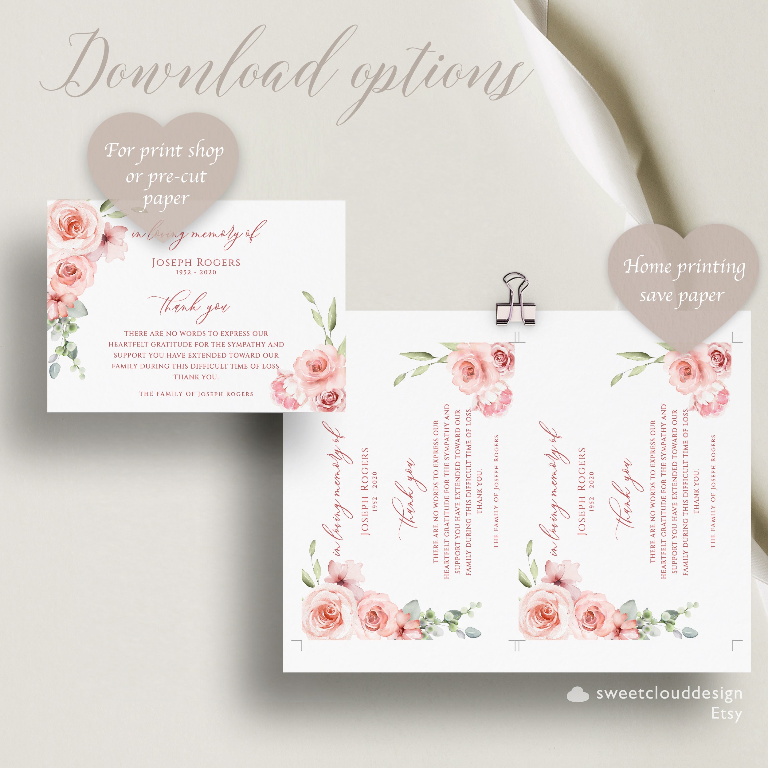 Blush Floral Funeral Thank You Card Pink Flower Funeral Thank You Red ...