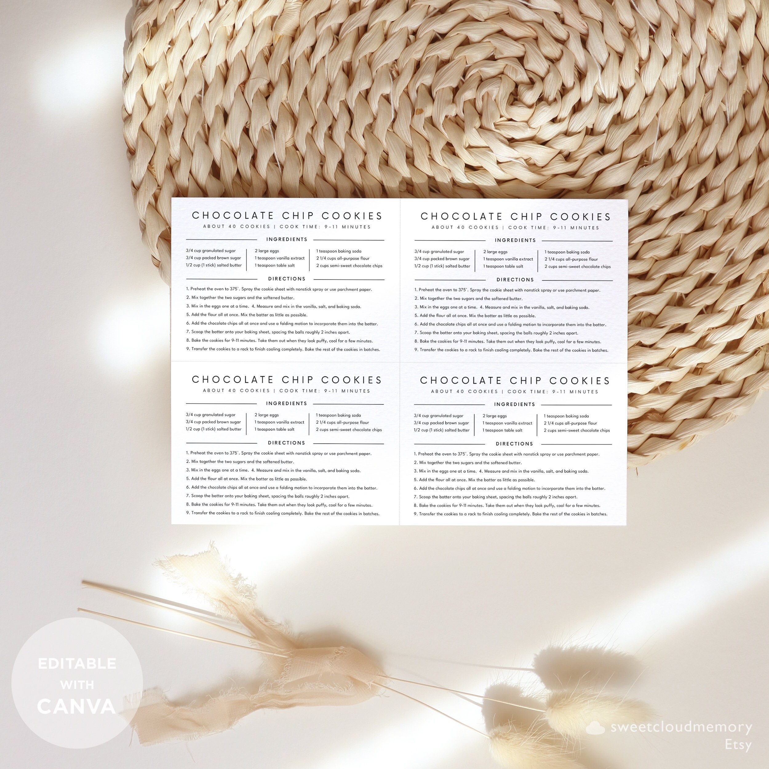 Minimal Recipe Card 4 per page Template Canva modern recipe cards Editable Simple Recipe card Us letter size A4 printable Recipe Cards