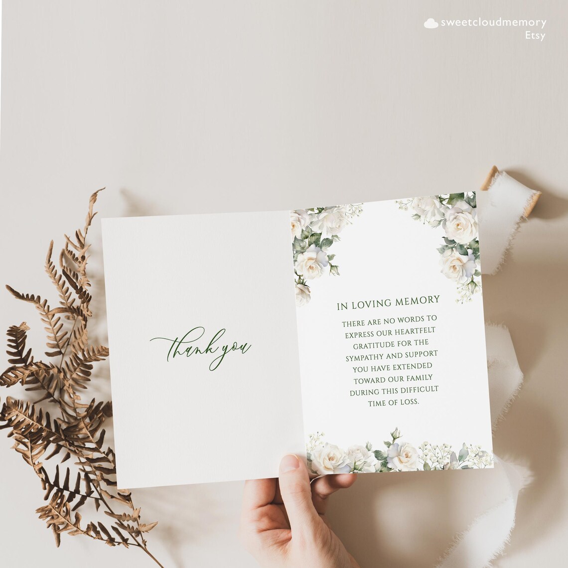 White Rose Funeral Thank You Card White Flower Funeral Thank You Photo ...