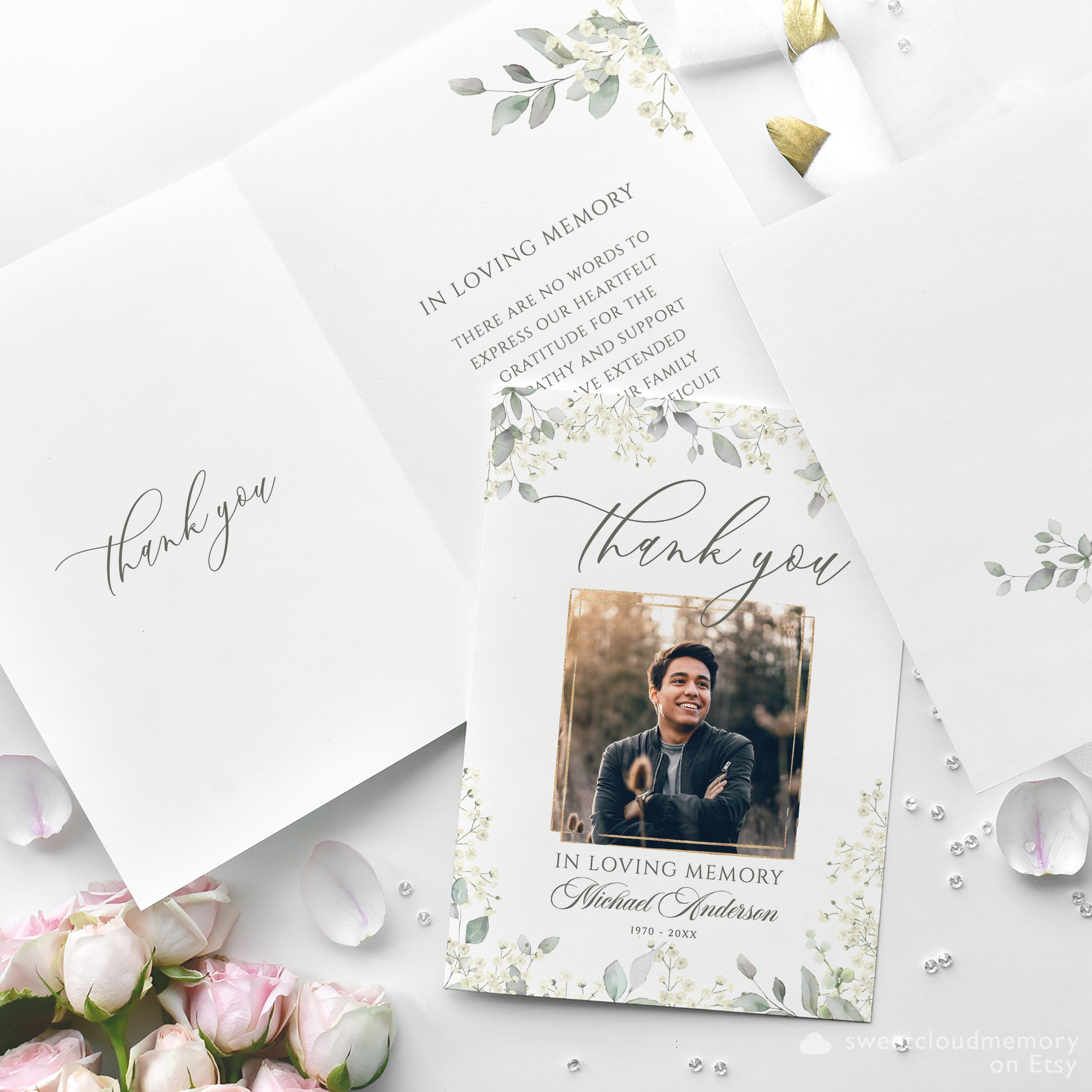 Gold Funeral Thank You Card Greenery Funeral Thank You Photo Editable ...