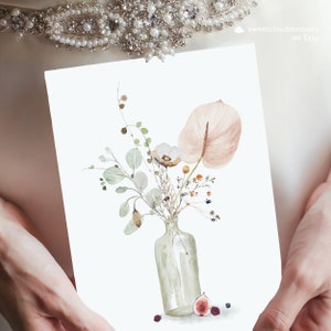 May include: A watercolor painting of a bouquet of flowers in a clear glass vase. The flowers are a mix of white, pink, green, and orange. The vase is sitting on a white surface with a fig and berries.