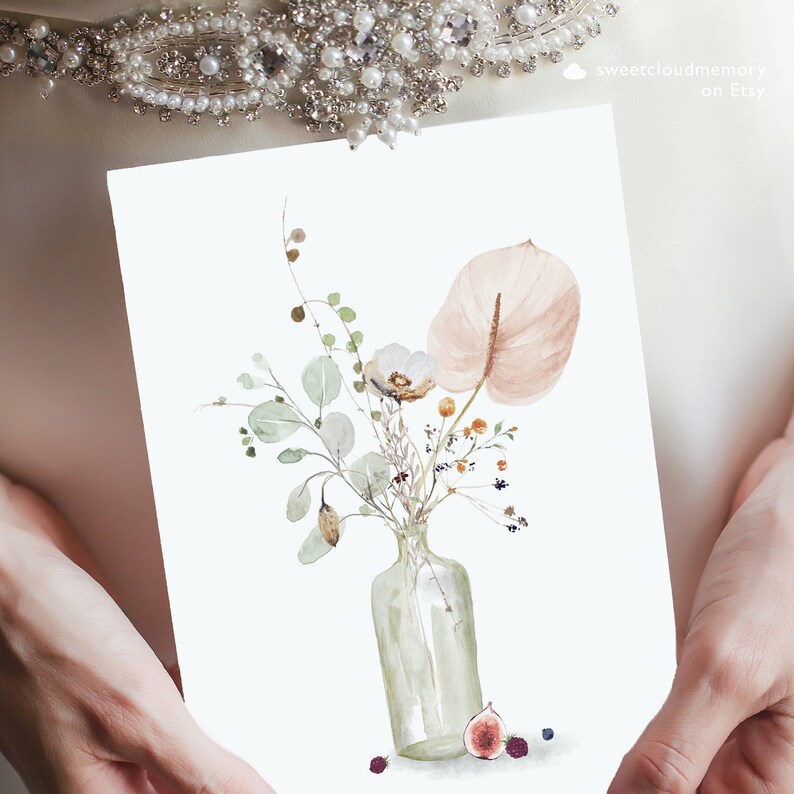 May include: A watercolor painting of a bouquet of flowers in a clear glass vase. The flowers are a mix of white, pink, green, and orange. The vase is sitting on a white surface with a fig and berries.