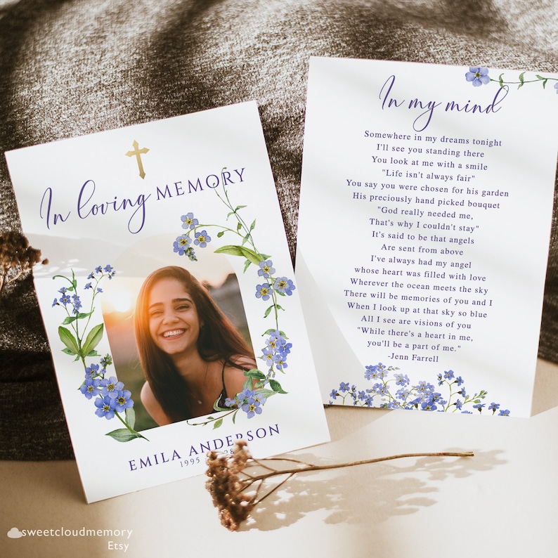 Me Nots Flower Funeral Photo Prayer Card Gold Cross Etsy