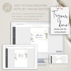 May include: A digital mockup showing a recipe book template with a green and gold design. The template is displayed on a computer monitor, tablet, and smartphone. The text on the template reads "Alisha's Recipes".