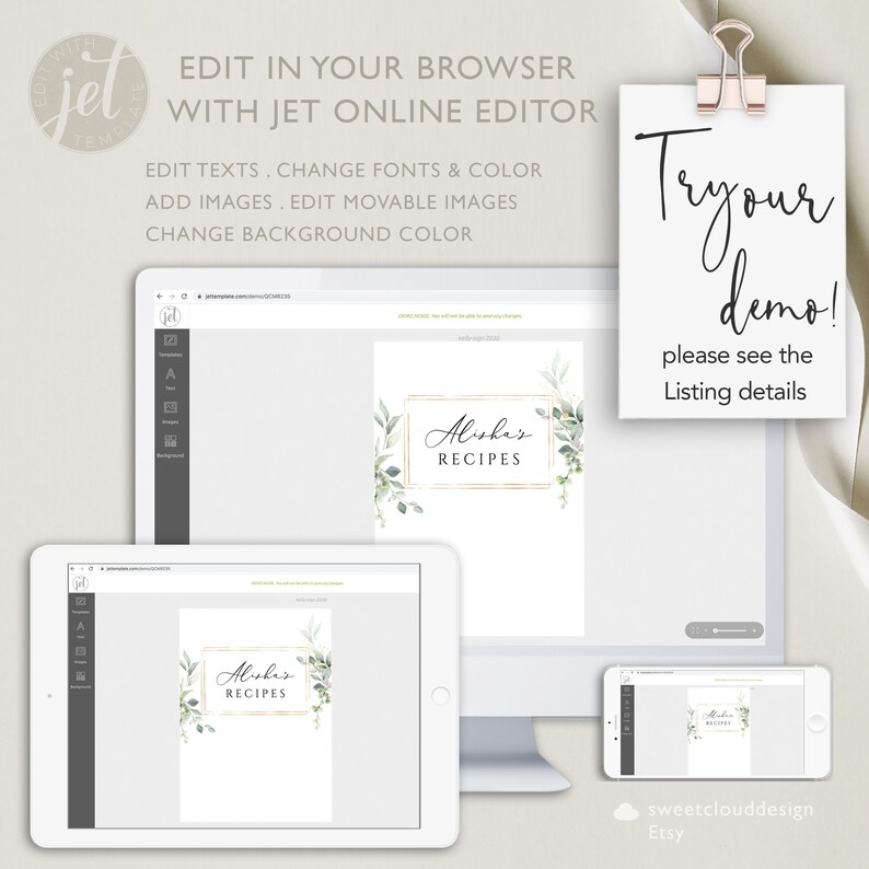 May include: A digital mockup showing a recipe book template with a green and gold design. The template is displayed on a computer monitor, tablet, and smartphone. The text on the template reads "Alisha's Recipes".
