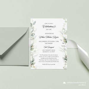 Verdura Convite de funeral celebração da vida convite verde e dourado Convite digital de funeral Folha verde Em memória amorosa funeral
