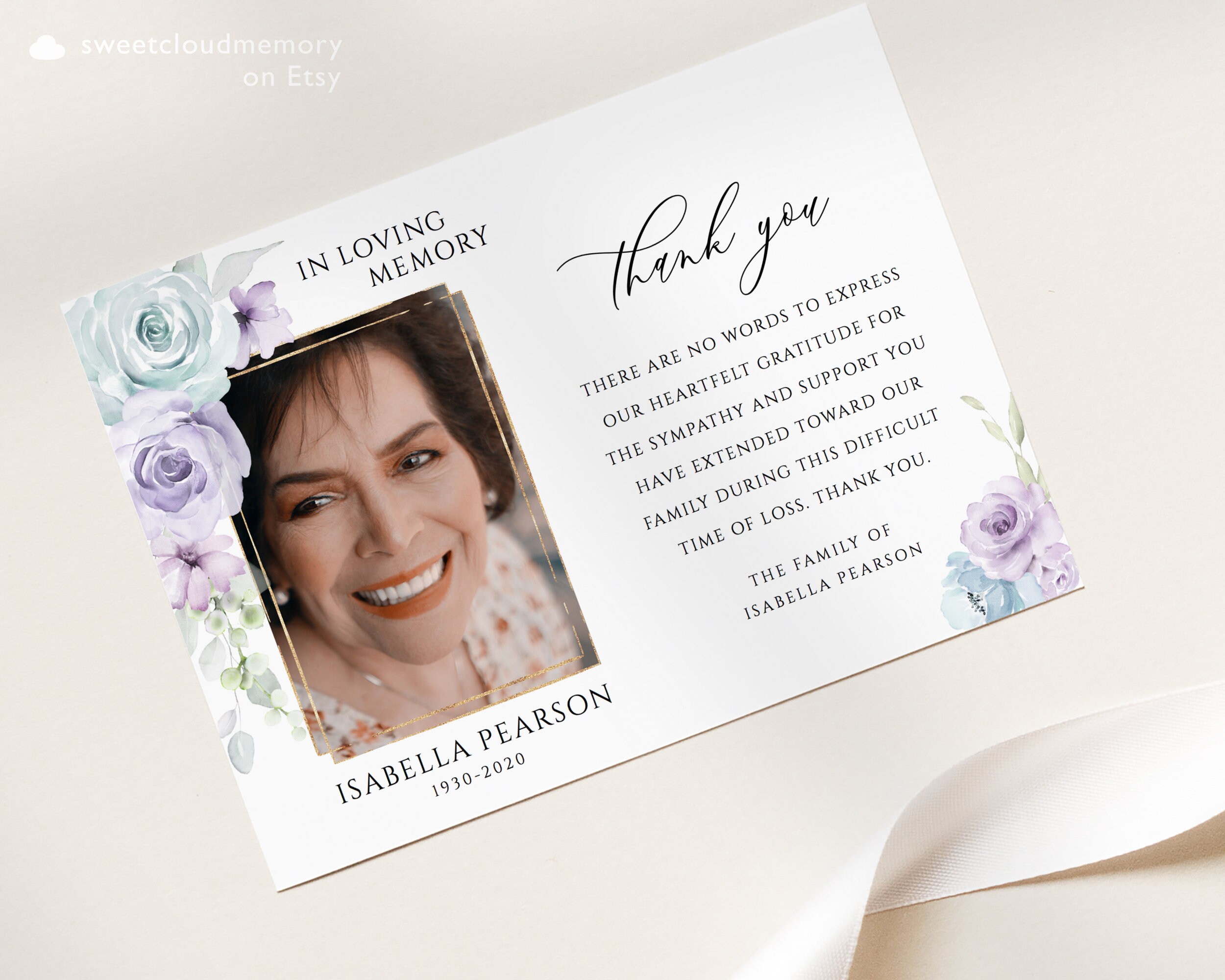 Lavender Floral Funeral Thank You Card Gold Funeral Thank You Photo ...