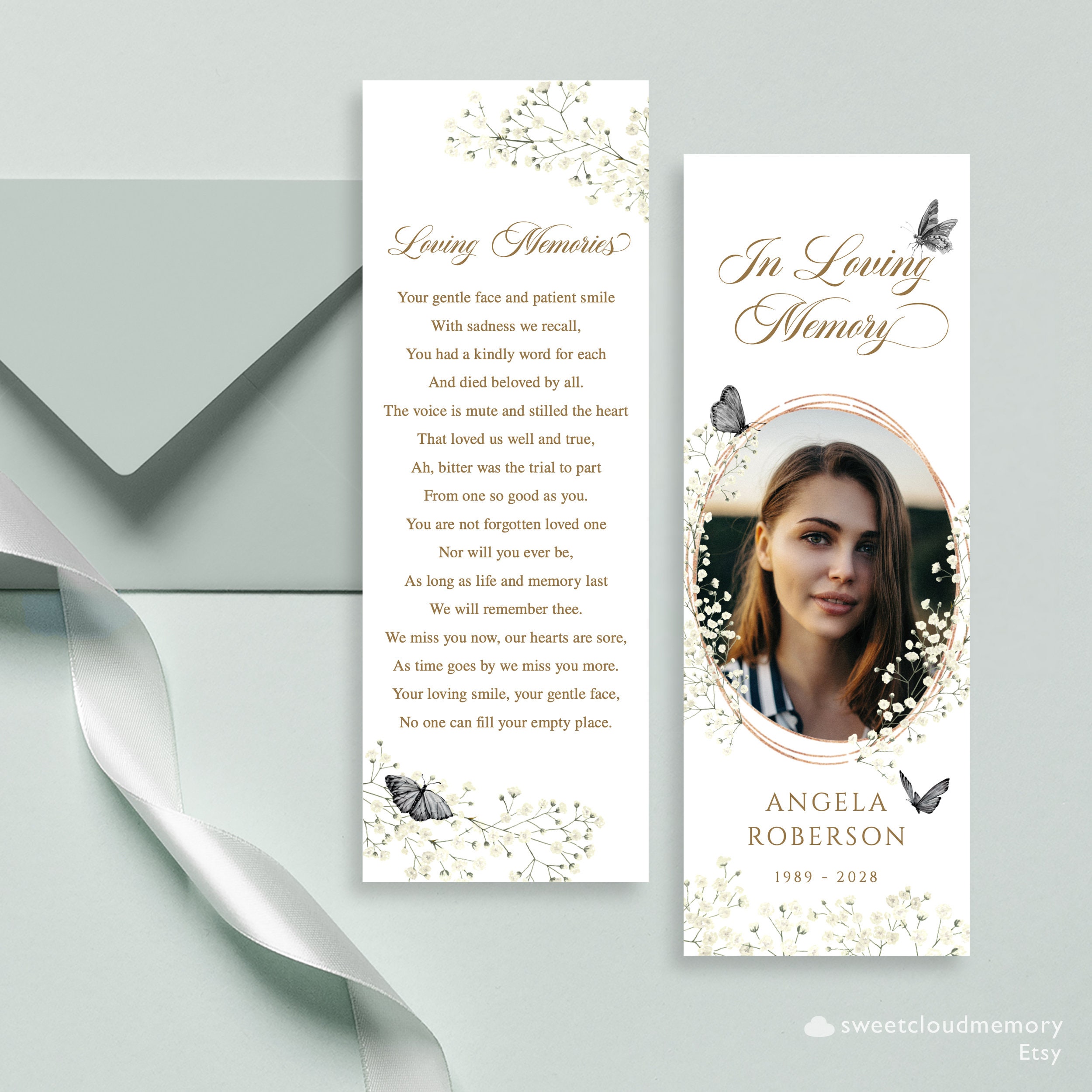 White Flower and Butterfly Funeral Bookmark Template Gold - Etsy