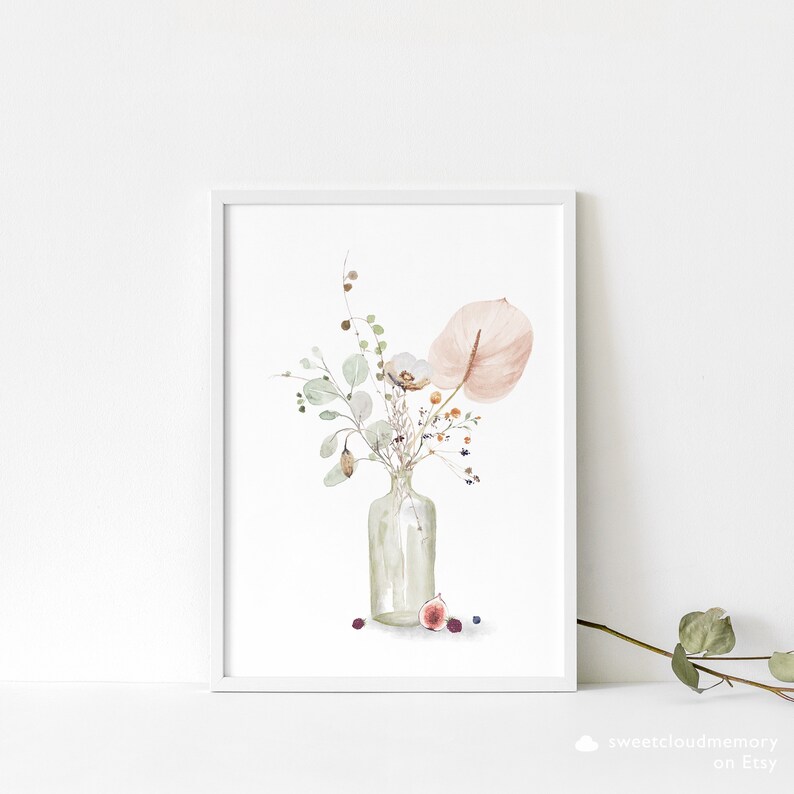 May include: A watercolor painting of a bouquet of flowers in a clear glass vase. The flowers are a mix of white, pink, and green, and there are also some small brown berries and a fig. The background is white.