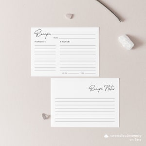 May include: Two printable recipe cards with a minimalist design. The top card has the word "Recipe" written in cursive at the top and has sections for ingredients, directions, servings, and time. The bottom card has the words "Recipe Notes" written in cursive at the top.