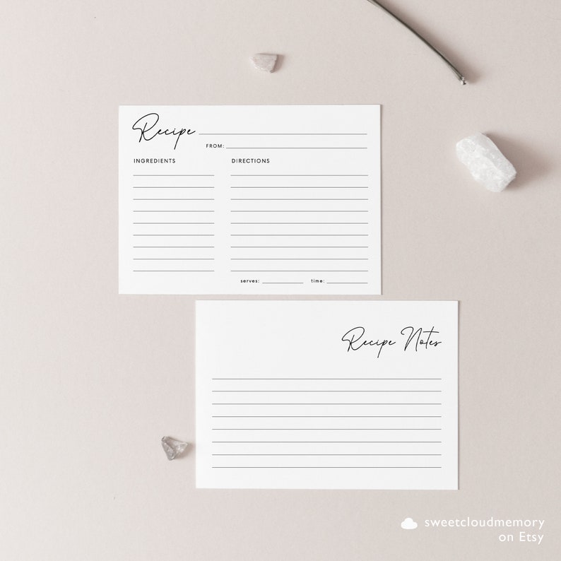May include: Two printable recipe cards with a minimalist design. The top card has the word "Recipe" written in cursive at the top and has sections for ingredients, directions, servings, and time. The bottom card has the words "Recipe Notes" written in cursive at the top.