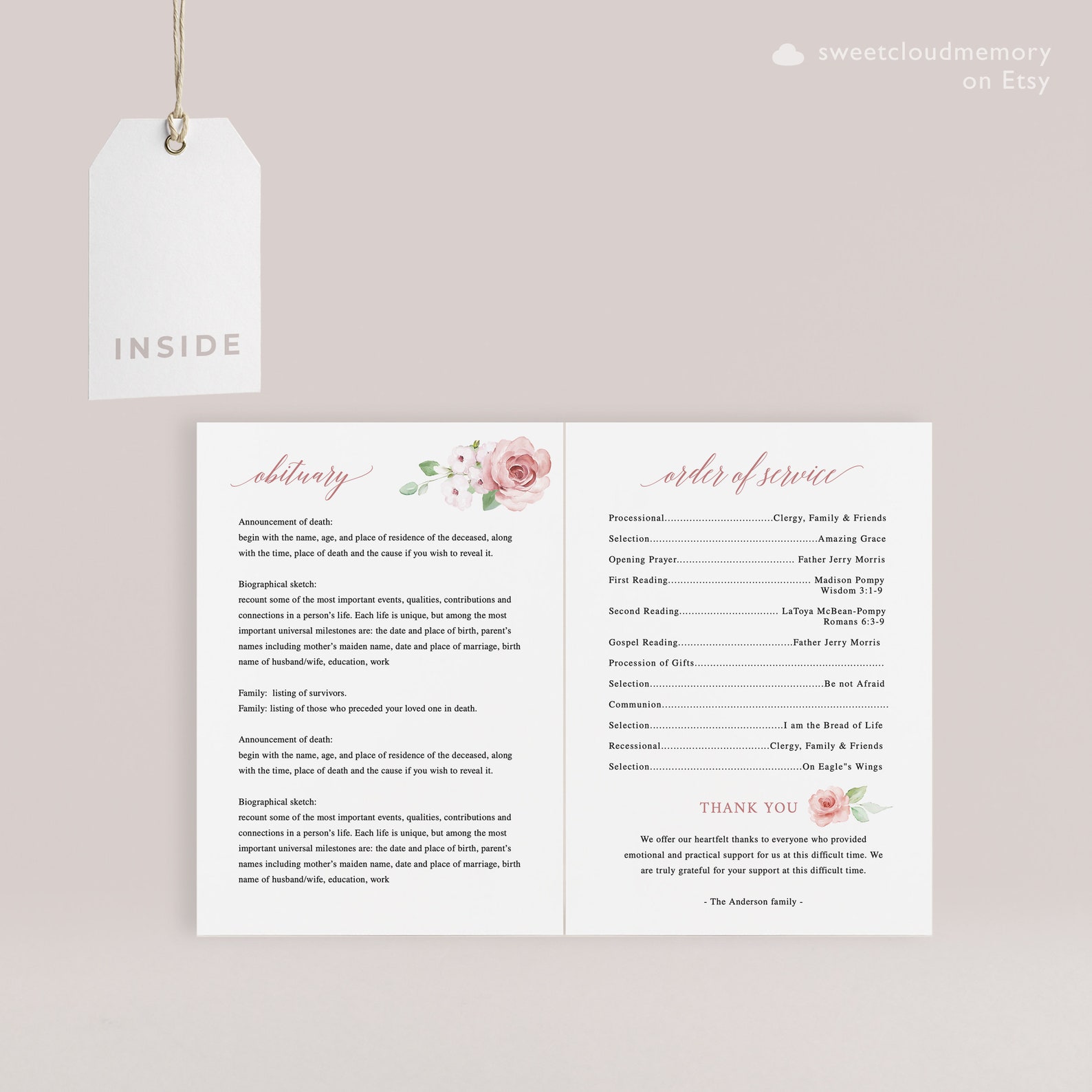 Blush Rose Funeral Program Template Gold Cross Funeral Memorial Program ...