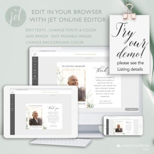 K&ouml;nnte beinhalten: Ein digitales Mockup eines Computerbildschirms und eines Tablets, das eine anpassbare Gedenkvorlage mit einem Foto eines Mannes und dem Text "In Loving Memory" zeigt. Die Vorlage hat einen goldenen Rahmen und ein florales Design. Der Text "Probieren Sie unsere Demo aus! Bitte sehen Sie sich die Details der Liste an" befindet sich auf einer separaten Karte.
