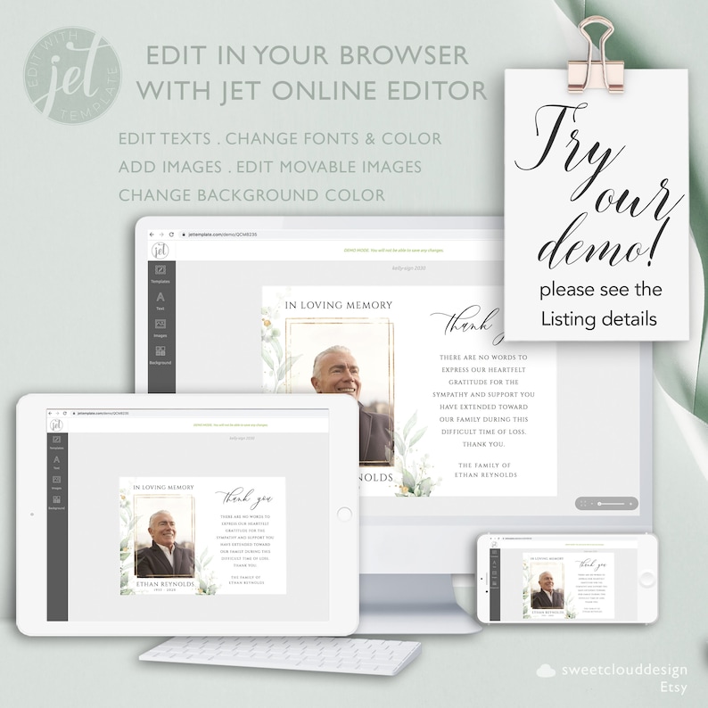 K&ouml;nnte beinhalten: Ein digitales Mockup eines Computerbildschirms und eines Tablets, das eine anpassbare Gedenkvorlage mit einem Foto eines Mannes und dem Text "In Loving Memory" zeigt. Die Vorlage hat einen goldenen Rahmen und ein florales Design. Der Text "Probieren Sie unsere Demo aus! Bitte sehen Sie sich die Details der Liste an" befindet sich auf einer separaten Karte.