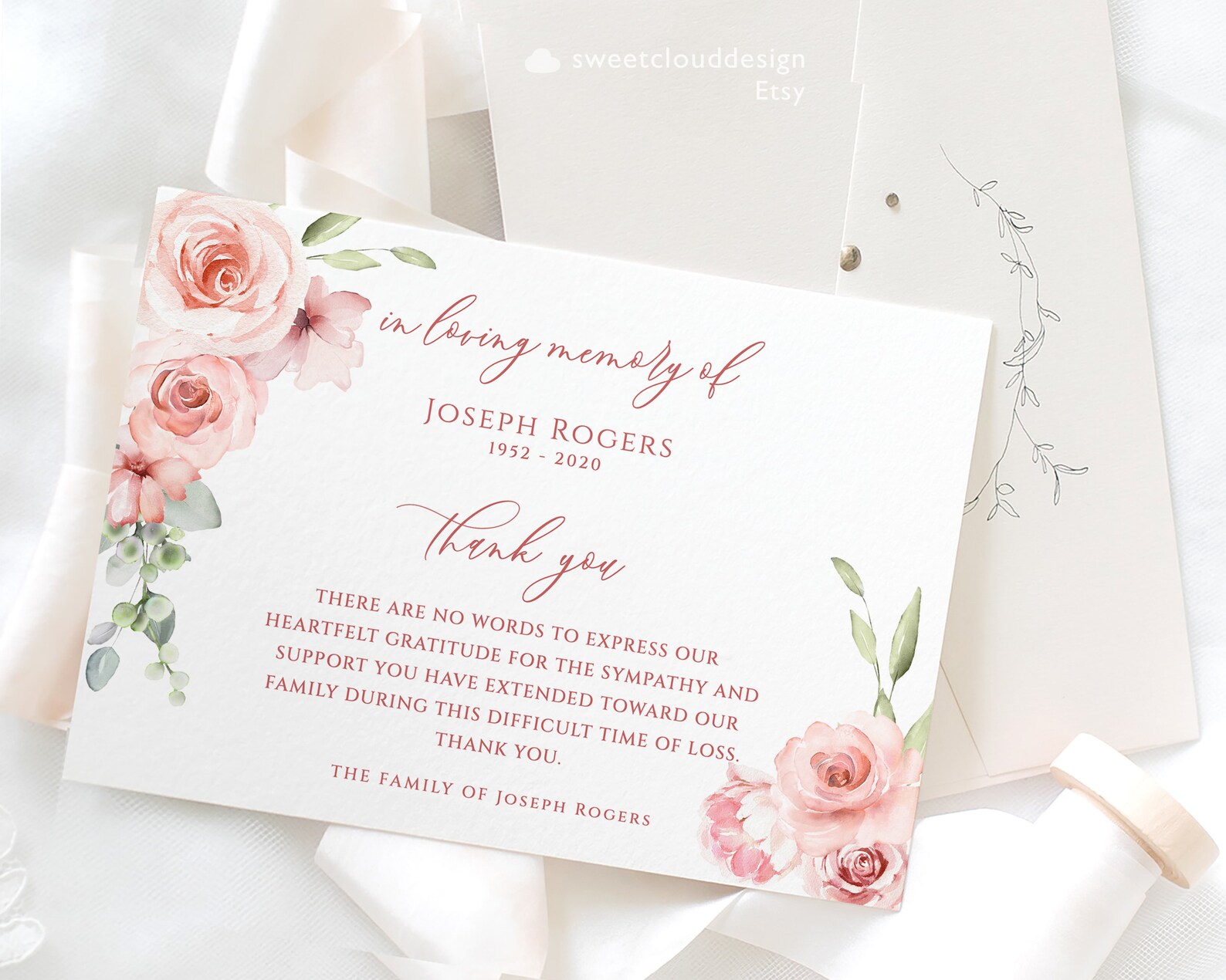 Blush Floral Funeral Thank You Card Pink Flower Funeral Thank - Etsy