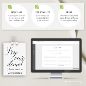 Pu&ograve; includere: Uno schermo di computer che mostra un modello di ricetta con il testo "RECIPE" e "INGREDIENTS". Lo schermo &egrave; su una scrivania bianca con un cartello che dice "Try our demo! Please see the Listing details".