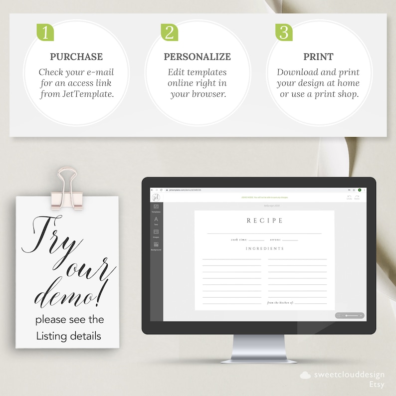 Pu&ograve; includere: Uno schermo di computer che mostra un modello di ricetta con il testo "RECIPE" e "INGREDIENTS". Lo schermo &egrave; su una scrivania bianca con un cartello che dice "Try our demo! Please see the Listing details".