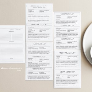 May include: Printable recipe cards for Grandma's Apple Pie and Cream Cheese Pie. The cards are white with black text and include the ingredients and directions for each recipe. The cards are designed to be printed and used in the kitchen.