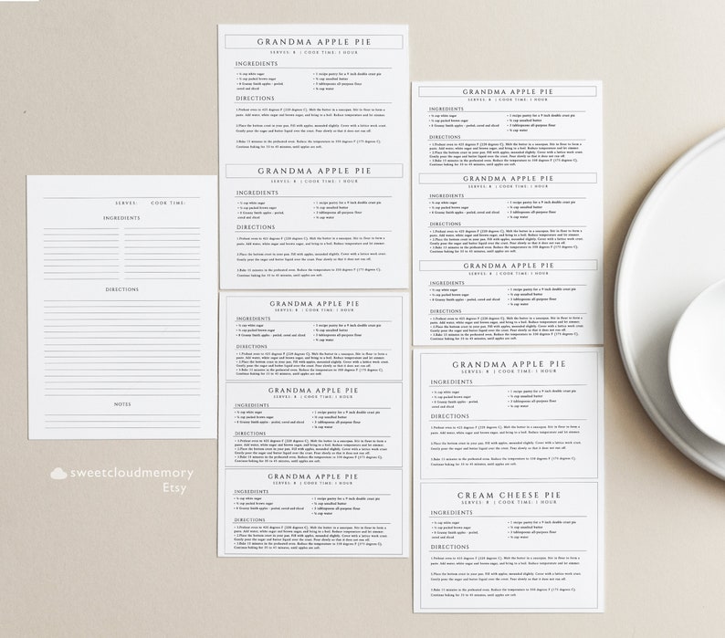 May include: Printable recipe cards for Grandma's Apple Pie and Cream Cheese Pie. The cards are white with black text and include the ingredients and directions for each recipe. The cards are designed to be printed and used in the kitchen.
