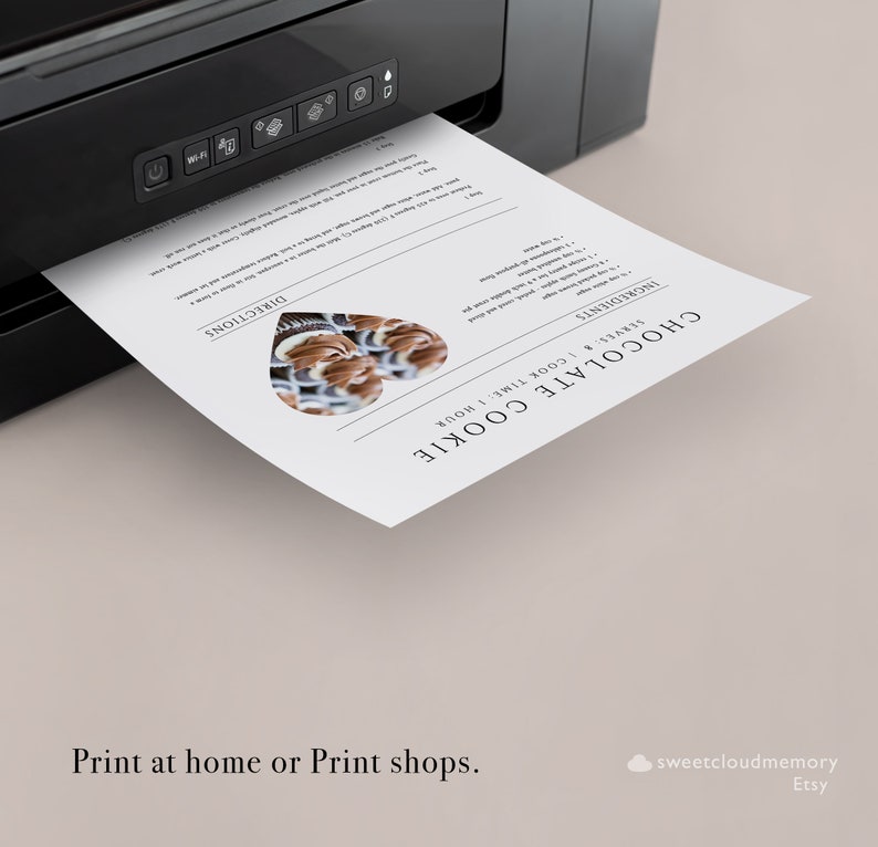 May include: A printable recipe card for chocolate cookies. The card features a heart-shaped image of chocolate cookies and the text "CHOCOLATE COOKIE" and "SERVES & COOK TIME: 1 HOUR".