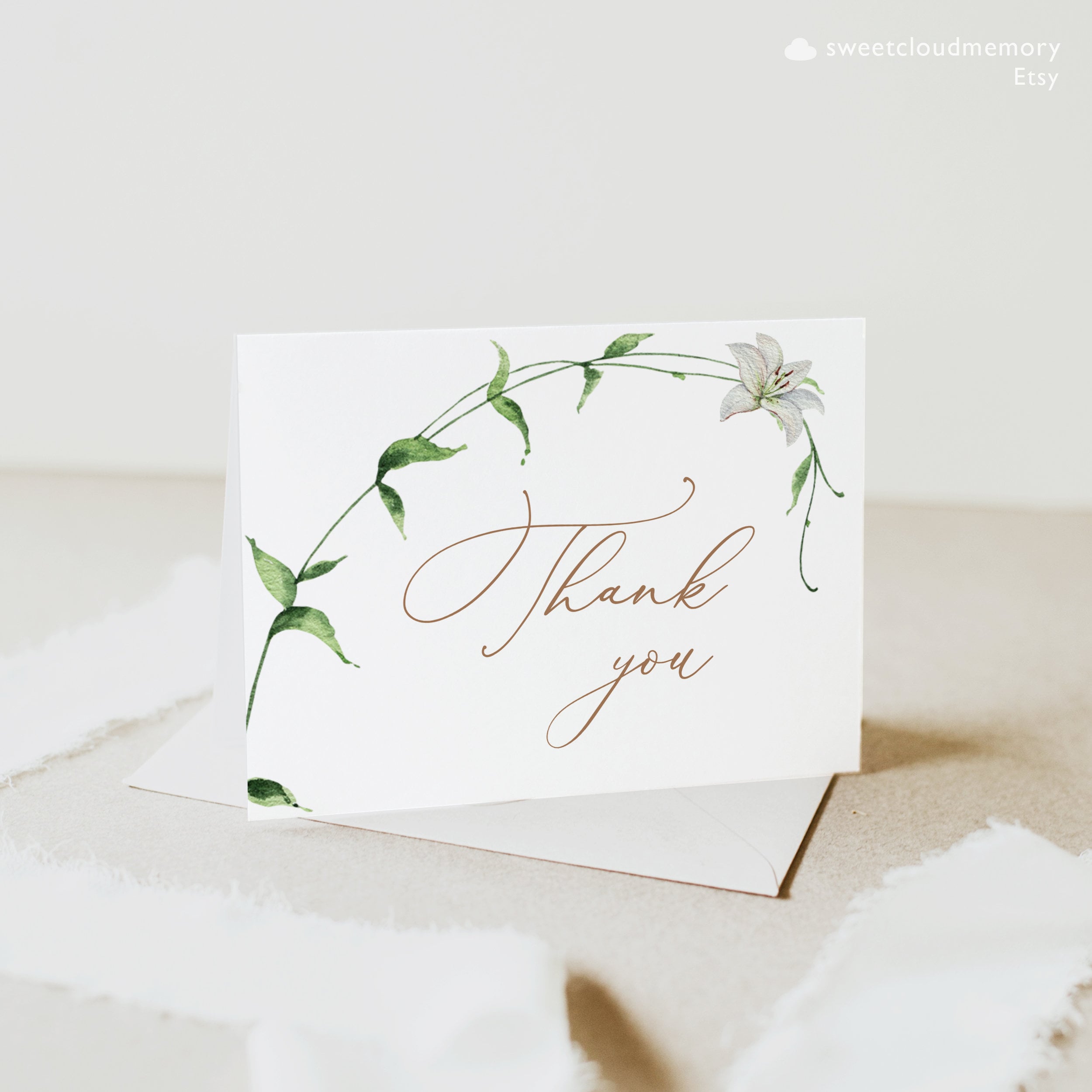 White Lily Greenery Funeral Thank You Card Template Editable Thank You ...