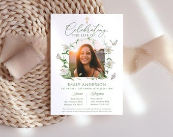 Lily white butterfly Funeral invitation template Gold cross Photo celebration of life invitation White floral Funeral electronic invite