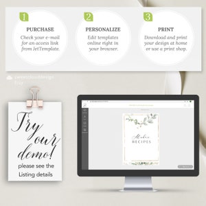 Op de afbeelding: Een computerscherm waarop een website te zien is met een groen-wit bloemenontwerp. De tekst op het scherm luidt "Alisha's Recepten". De website is bedoeld voor het maken en afdrukken van gepersonaliseerde receptenkaarten.