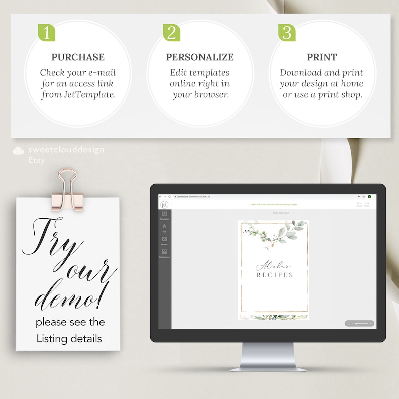 Op de afbeelding: Een computerscherm waarop een website te zien is met een groen-wit bloemenontwerp. De tekst op het scherm luidt "Alisha's Recepten". De website is bedoeld voor het maken en afdrukken van gepersonaliseerde receptenkaarten.