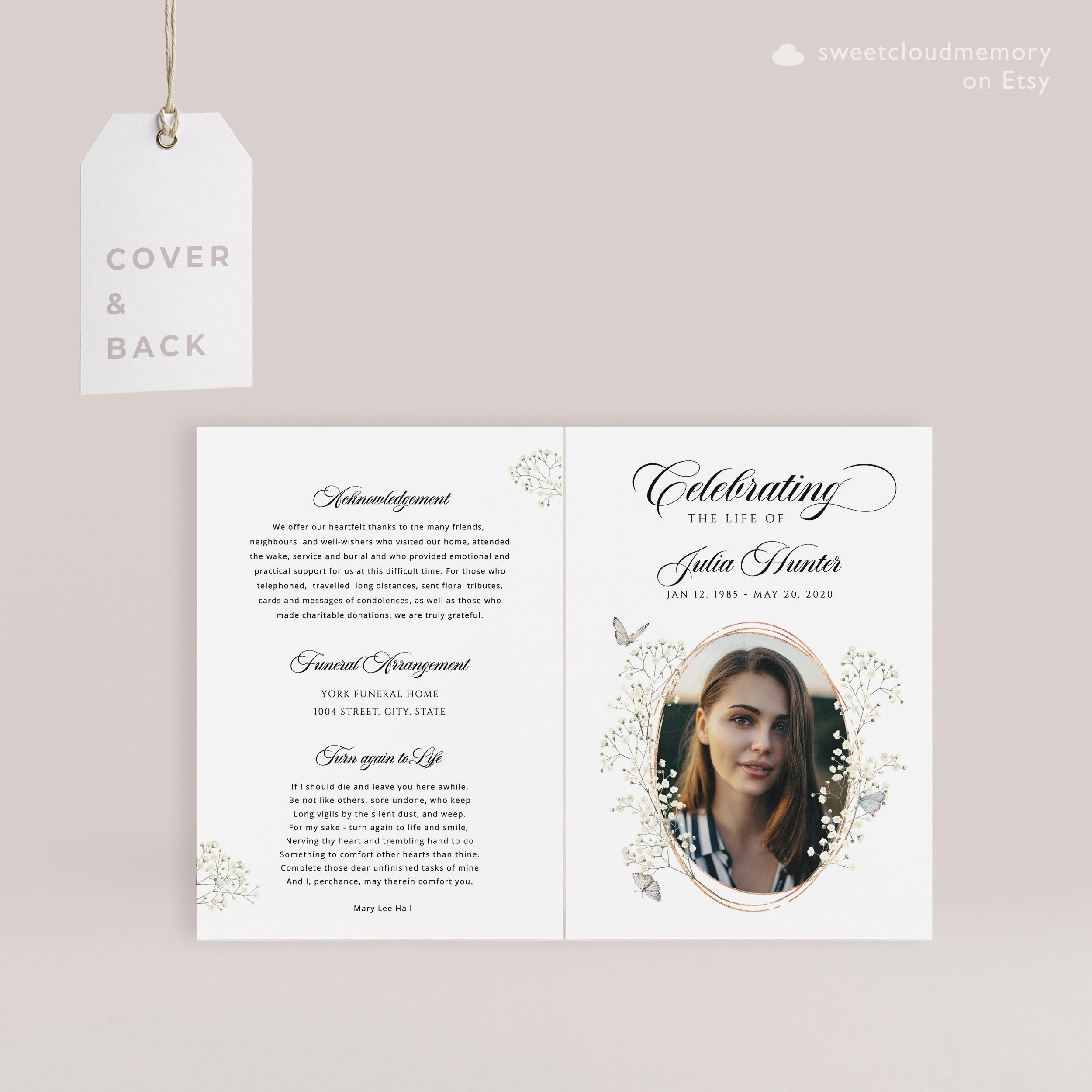 Funeral Desing Program Flowers Gold White Floral Funeral Program Template Butterfly Funeral Memorial ...
