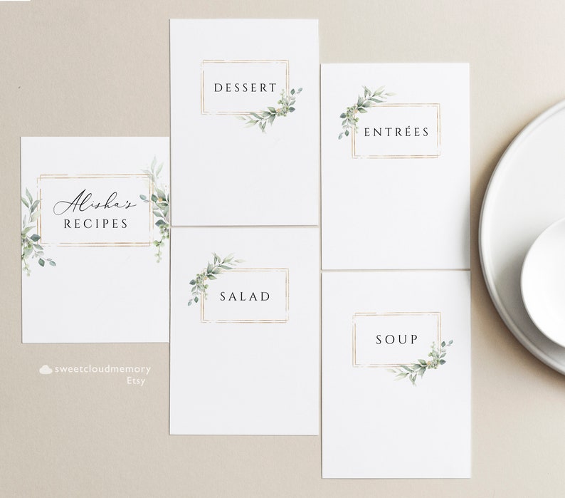 May include: Five white cards with gold frames and green foliage designs. The cards are labeled "Alisha's Recipes", "Soup", "Salad", "Entrees", and "Dessert".