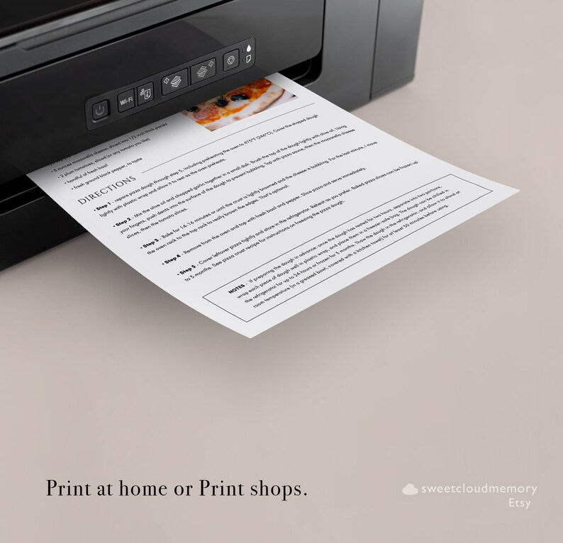 May include: A printable recipe card for making pizza dough. The card features a photo of a pizza with toppings and instructions for making the dough. The text on the card includes the title "DIRECTIONS" and a list of steps for making the dough.