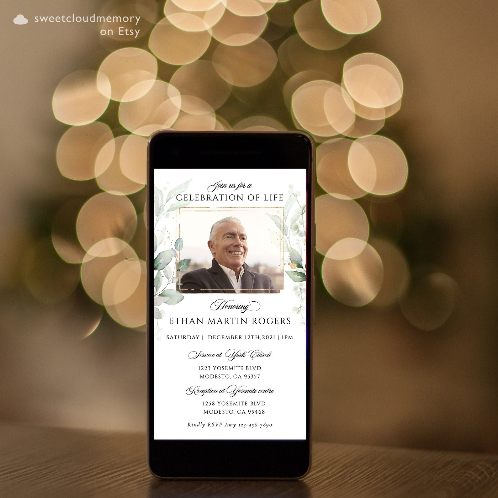 Digital Photo Funeral Invitation Gold frame Einvite Greenery Etsy