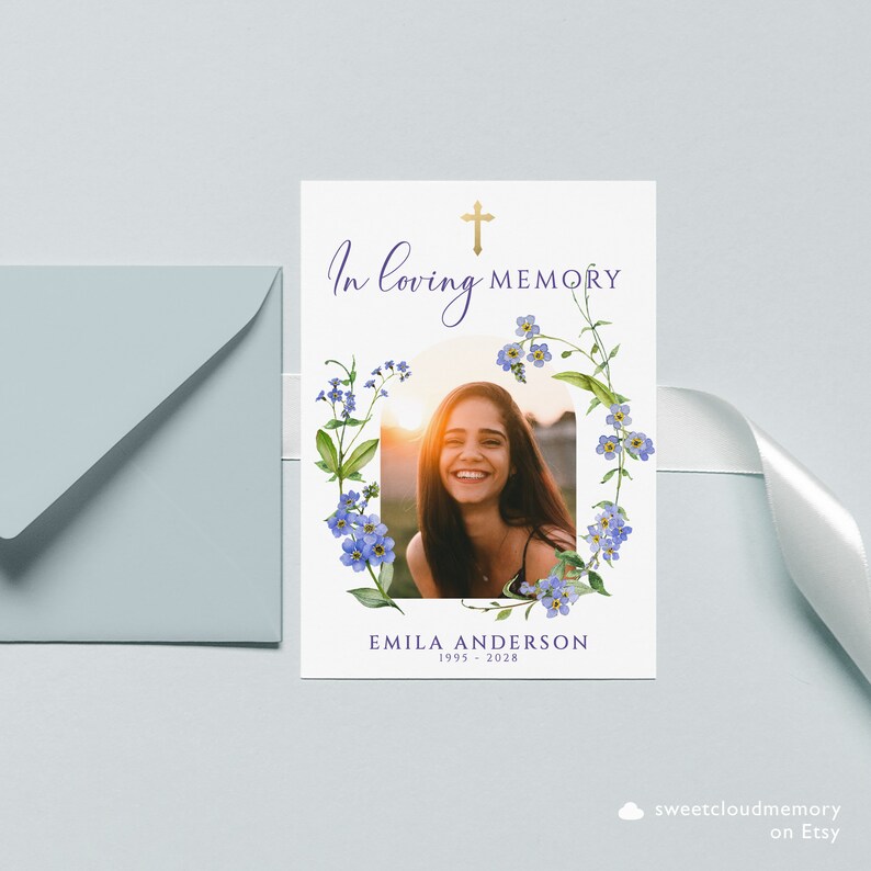 me nots flower Funeral Photo Prayer card Gold cross Etsy Schweiz