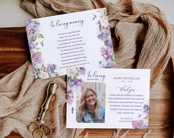 Lilac and white rose Funeral photo Thank You Card Purple Floral bird Funeral Thank You template humming bird Photo Editable Memorial Card