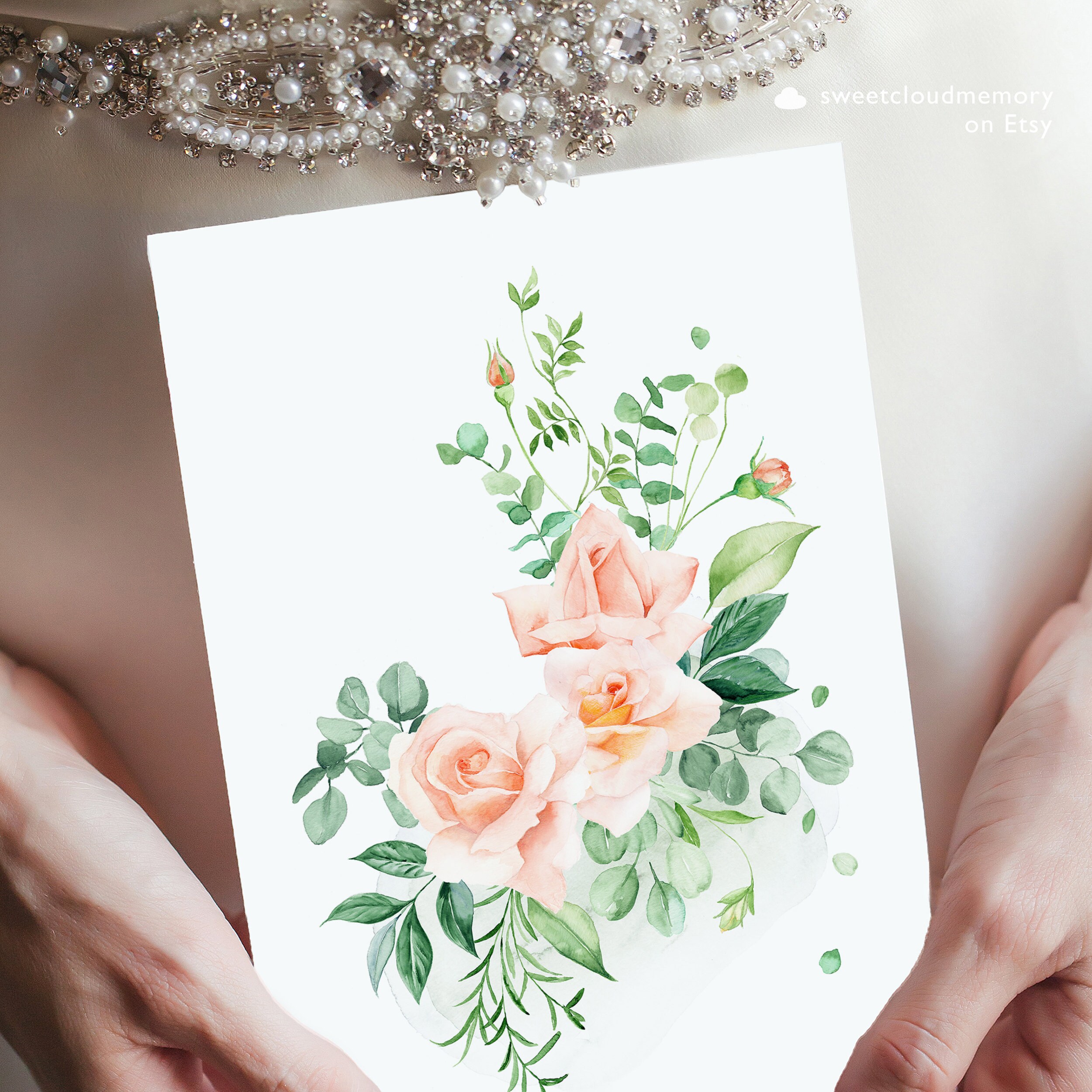 Blush Rose Art Print Pink Rose Wall Art Printable Watercolor Green ...