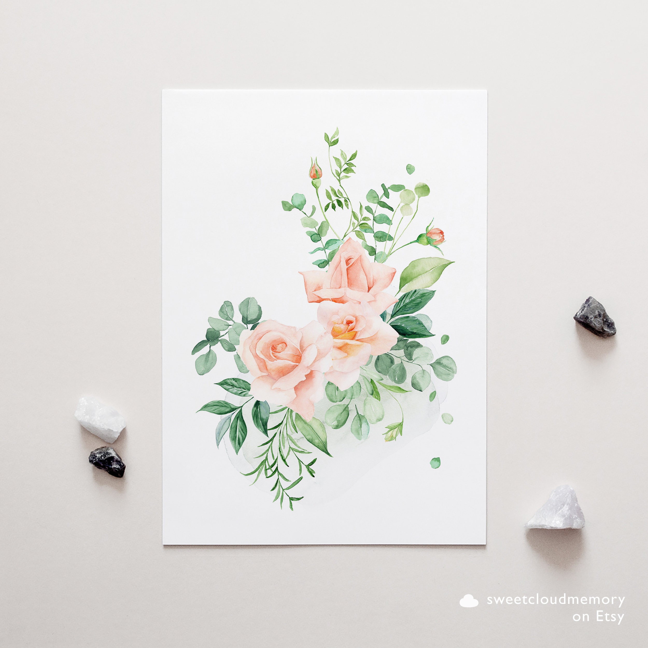Blush Rose Art Print Pink Rose Wall Art Printable Watercolor Green ...