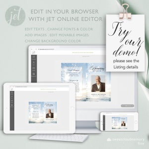 May include: A digital mockup of a funeral program template with a blue sky and clouds background. The template is displayed on a computer screen, tablet, and smartphone. The text on the template reads "Honoring the Life of" and "Arnold Retnolds". The text "Try our demo! Please see the Listing details" is displayed on a separate note.