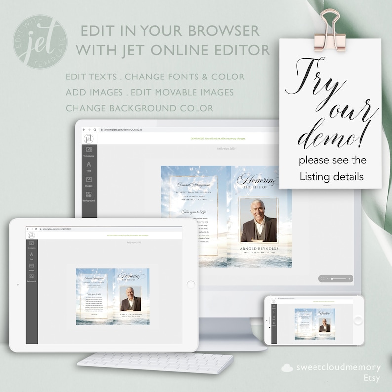 May include: A digital mockup of a funeral program template with a blue sky and clouds background. The template is displayed on a computer screen, tablet, and smartphone. The text on the template reads "Honoring the Life of" and "Arnold Retnolds". The text "Try our demo! Please see the Listing details" is displayed on a separate note.