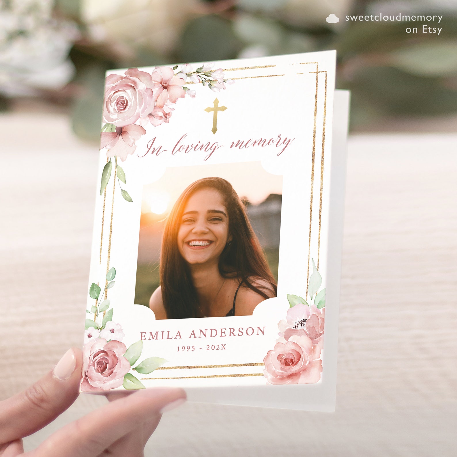 Blush Rose Funeral Program Template Gold Cross Funeral Memorial Program ...