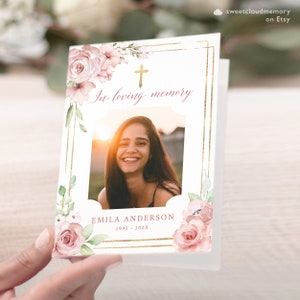 Blush Rose Funeral Program Template Gold Cross Funeral Memorial program Pink and green Funeral Service In loving Memory Celebration of life