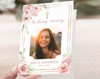 Blush Rose Funeral Program Template Gold Cross Funeral Memorial program Pink and green Funeral Service In loving Memory Celebration of life