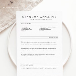May include: A printable recipe card for Grandma's Apple Pie. The recipe card has a white background with black text. The recipe card includes the ingredients and directions for making the pie. The recipe card also includes the nutritional facts for the pie.
