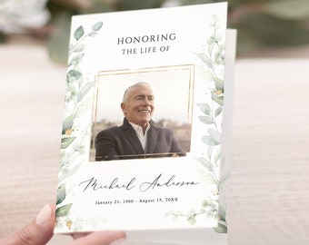 Funeral Program Gold  Greenery Funeral Memorial program men Funeral Service program In loving Memory Obituary Celebration of life Funeral