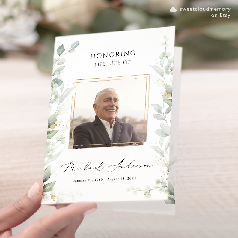 Gold Funeral Program Template Greenery Funeral Memorial program Funeral Service In loving Memory Obituary Celebration of life Funeral Jay