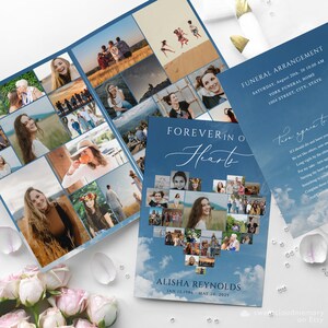 Heart Collage Funeral program Template blue sky Funeral program Memorial program Printable Funeral Service tented foldable program