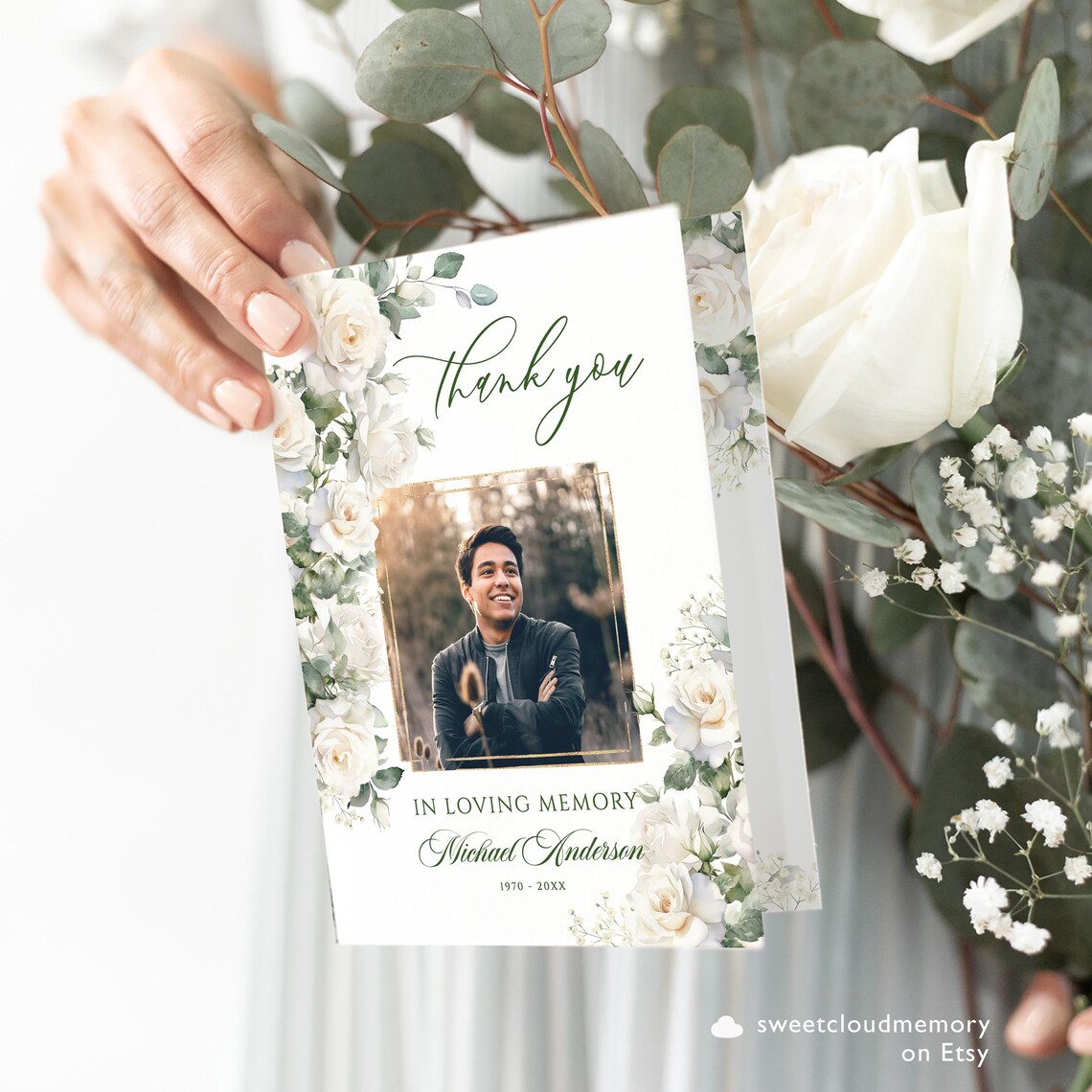 White Rose Funeral Thank You Card White Flower Funeral Thank You Photo ...