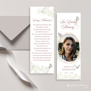 Modèle de marque-page funéraire floral blanc marque-page croix d'or célébration catholique de la vie marque-page souffle de bébé fleur cartes de souvenir funéraire