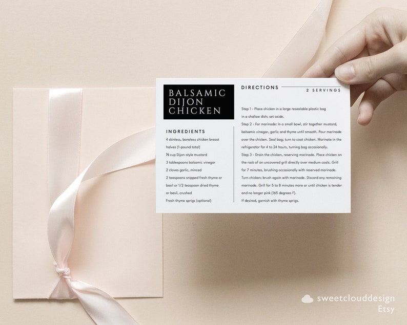 May include: Printable recipe card with a black and white design. The card features a recipe for Balsamic Dijon Chicken with a list of ingredients and directions. The card is on a pink background with a white ribbon.