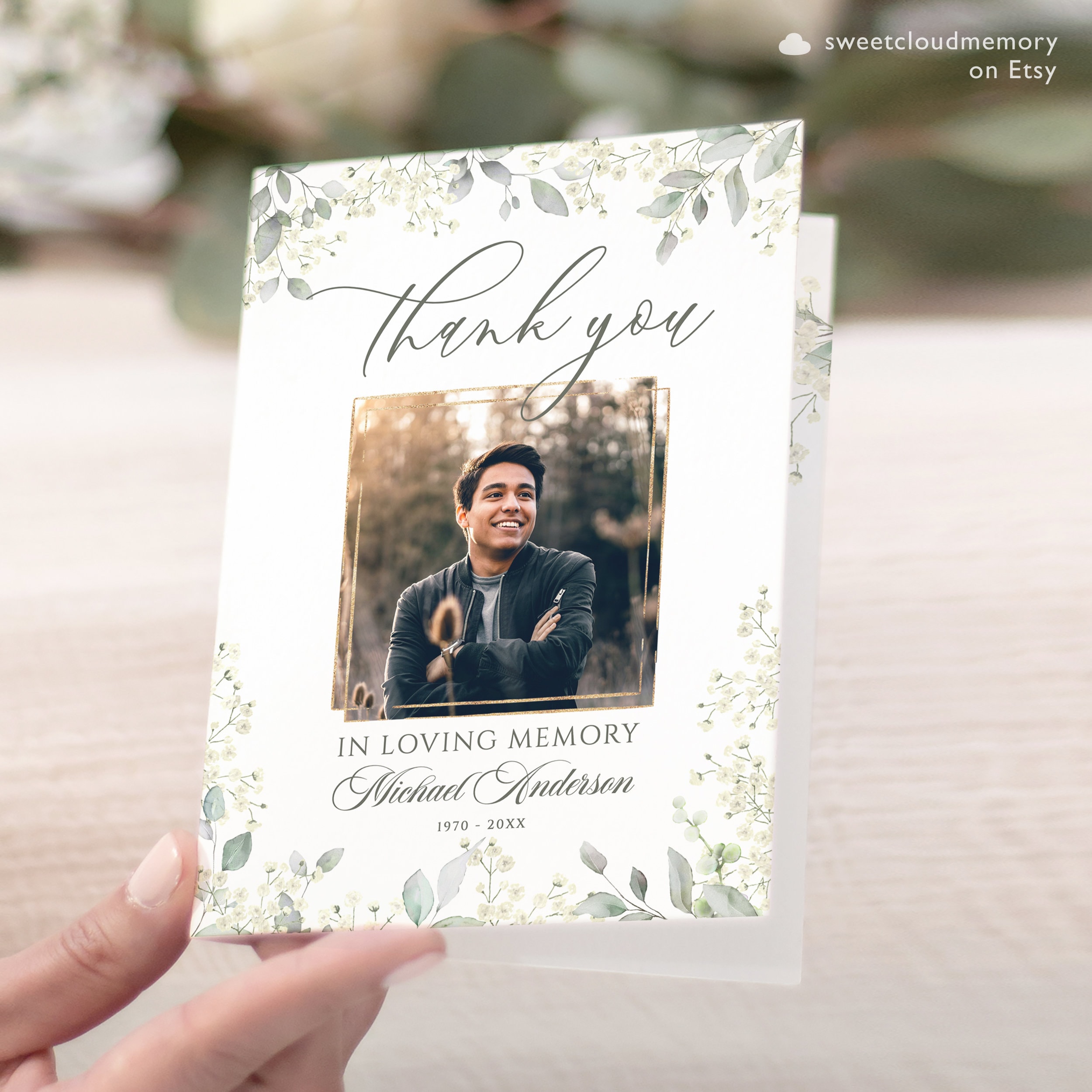 Gold Funeral Thank You Card Greenery Funeral Thank You Photo Editable ...