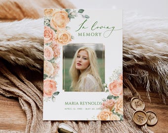 dusty orange Rose Funeral Photo Prayer card dusty orange floral Funeral bookmark Prayer card dusty peach flower keepsake Memorial Card